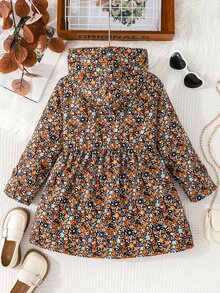 SHEIN 女童冬季外套，棕色碎花，保暖內裡，連帽，雙排扣，時尚夾克，適合休閒日常穿著，可愛優雅 - 棕色 - 查看 2