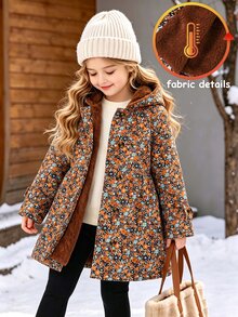 SHEIN 女童冬季外套，棕色碎花，保暖內裡，連帽，雙排扣，時尚夾克，適合休閒日常穿著，可愛優雅 - 棕色 - 查看 6