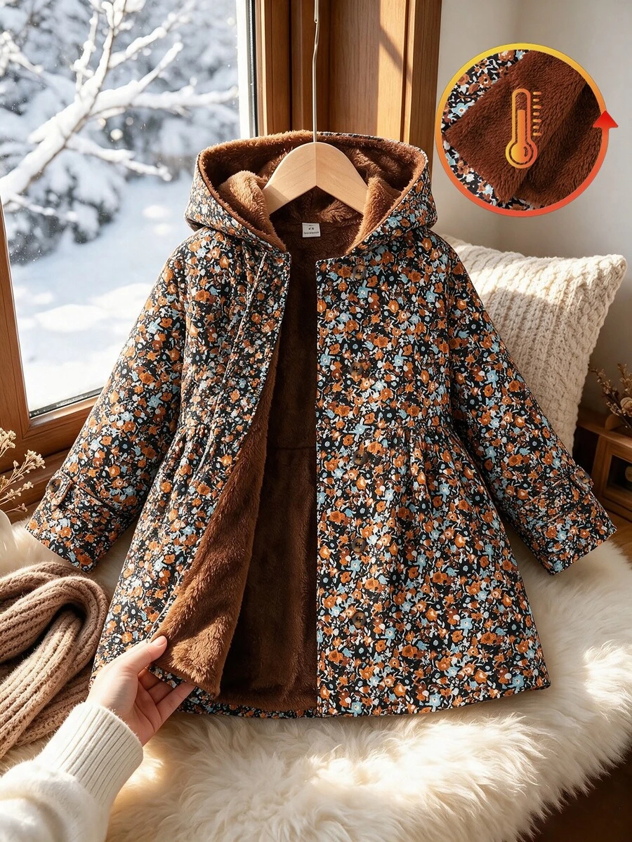 SHEIN 女童冬季外套,棕色碎花,保暖內裡,連帽,雙排扣,時尚夾克,適合休閒日常穿著,可愛優雅 - 棕色 - 查看 1