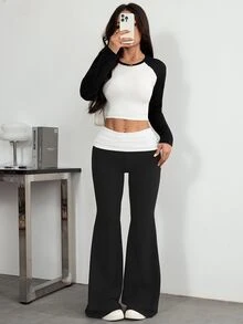 SHEIN PETITE Contrast Color Folded Waist Flare Pants - Black - View 5