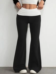 SHEIN PETITE Contrast Color Folded Waist Flare Pants - Black - View 6