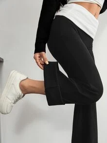 SHEIN PETITE Contrast Color Folded Waist Flare Pants - Black - View 8