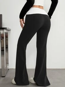 SHEIN PETITE Contrast Color Folded Waist Flare Pants - Black - View 2