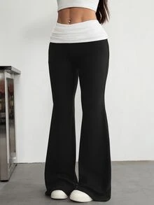 SHEIN PETITE Contrast Color Folded Waist Flare Pants - Black - View 3