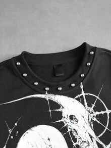 ROMWE MEN Men's Rivet Decor Anime Character Print Loose Fit Long Sleeve T-Shirt - Black - View 2