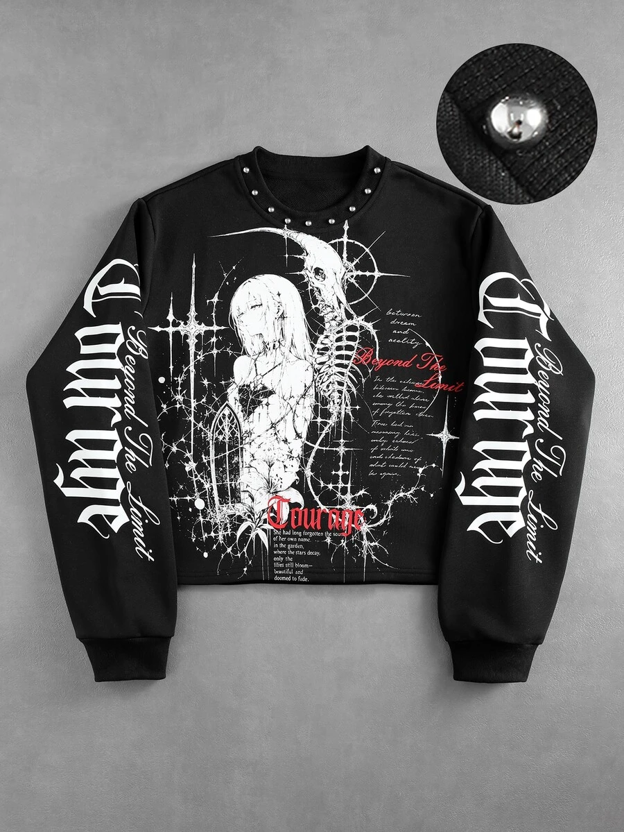 ROMWE MEN Men's Rivet Decor Anime Character Print Loose Fit Long Sleeve T-Shirt - Black - View 1
