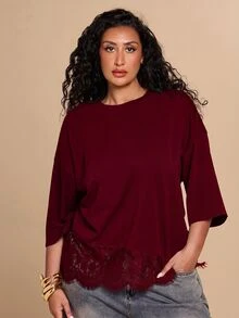 SHEIN BAE CURVE 大尺碼女款純色圓領落肩袖蕾絲下擺T恤 - 酒紅色 - 查看 3