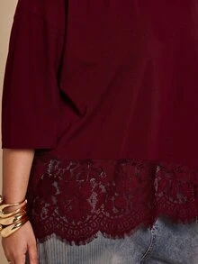 SHEIN BAE CURVE 大尺碼女款純色圓領落肩袖蕾絲下擺T恤 - 酒紅色 - 查看 6