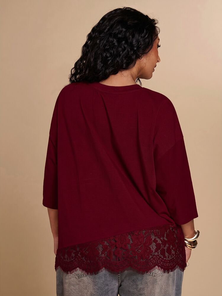 SHEIN BAE CURVE Plus Size Women's Solid Color Round Neck Drop Shoulder Sleeve Lace Hem T-Shirt - Burgundy - View 2