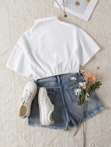 SHEIN Franclia Camisa De Manga Corta De Color Sólido - Blanco - Ver 2