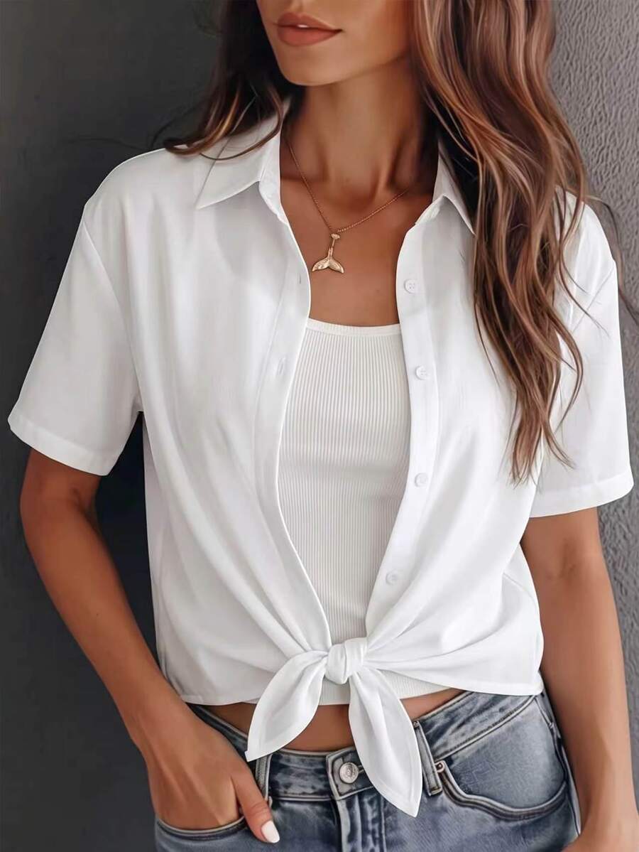 SHEIN Franclia Camisa De Manga Corta De Color Sólido - Blanco - Ver 1