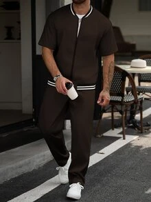 Manfinity CasualCool Men Striped Trim Bomber Jacket & Pants Without Tee - Brown - View 7
