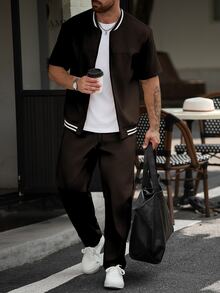 Manfinity CasualCool Men Striped Trim Bomber Jacket & Pants Without Tee - Brown - View 3