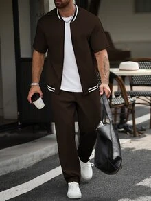 Manfinity CasualCool Men Striped Trim Bomber Jacket & Pants Without Tee - Brown - View 1
