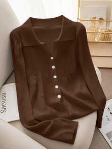SHEIN 新款春秋季修身短款法式Polo领时尚百搭女士针织开衫 - 巧克力棕 - 查看 3
