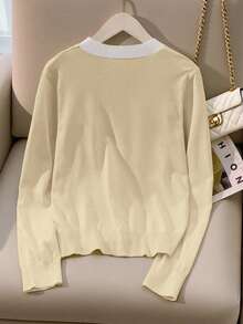 SHEIN Franclia Cardigan V-Neck Slim Fit Gaya Korea Minimalis dengan Blok Warna untuk Musim Semi/Gugur Terbaru, Enerjik & Awet Muda, Serbaguna untuk Wanita - Aprikot - View 2