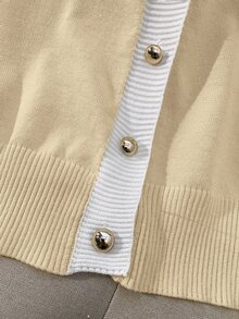 SHEIN Franclia Cardigan V-Neck Slim Fit Gaya Korea Minimalis dengan Blok Warna untuk Musim Semi/Gugur Terbaru, Enerjik & Awet Muda, Serbaguna untuk Wanita - Aprikot - View 8