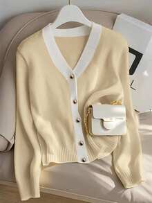 SHEIN Franclia Cardigan V-Neck Slim Fit Gaya Korea Minimalis dengan Blok Warna untuk Musim Semi/Gugur Terbaru, Enerjik & Awet Muda, Serbaguna untuk Wanita - Aprikot - View 3