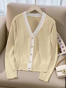 SHEIN Franclia Cardigan V-Neck Slim Fit Gaya Korea Minimalis dengan Blok Warna untuk Musim Semi/Gugur Terbaru, Enerjik & Awet Muda, Serbaguna untuk Wanita - Aprikot - View 7