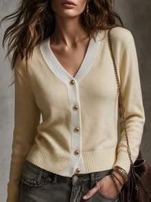 SHEIN Franclia Cardigan V-Neck Slim Fit Gaya Korea Minimalis dengan Blok Warna untuk Musim Semi/Gugur Terbaru, Enerjik & Awet Muda, Serbaguna untuk Wanita - Aprikot - View 1