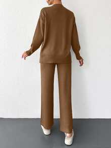 SHEIN Cottnline Women's Solid Color Round Neck Drop Shoulder Sweater And Knitted Straight Pants 2pcs/Set - Rust Brown - View 3