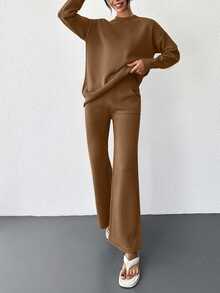 SHEIN Cottnline Women's Solid Color Round Neck Drop Shoulder Sweater And Knitted Straight Pants 2pcs/Set - Rust Brown - View 4