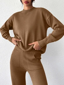 SHEIN Cottnline Women's Solid Color Round Neck Drop Shoulder Sweater And Knitted Straight Pants 2pcs/Set - Rust Brown - View 7