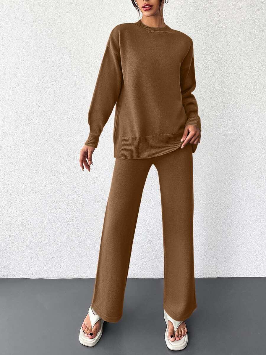SHEIN Cottnline Women's Solid Color Round Neck Drop Shoulder Sweater And Knitted Straight Pants 2pcs/Set