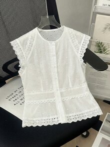 Franclia 女士圆领单排扣刺绣镂空休闲衬衫 - 白色 - 查看 8