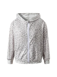 SHEIN 青少年女孩豹紋連帽拉鍊休閒百搭長袖外套，寬鬆復古款，秋季服飾，適合萬聖節、校園穿搭 - 灰色 - 查看 8