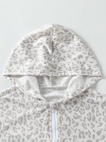 SHEIN 青少年女孩豹紋連帽拉鍊休閒百搭長袖外套，寬鬆復古款，秋季服飾，適合萬聖節、校園穿搭 - 灰色 - 查看 3