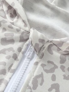 SHEIN 青少年女孩豹紋連帽拉鍊休閒百搭長袖外套，寬鬆復古款，秋季服飾，適合萬聖節、校園穿搭 - 灰色 - 查看 4