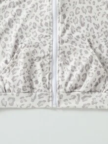 SHEIN 青少年女孩豹紋連帽拉鍊休閒百搭長袖外套，寬鬆復古款，秋季服飾，適合萬聖節、校園穿搭 - 灰色 - 查看 7
