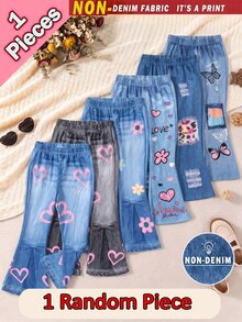隨機發貨 1 件 6 款女童 4-7 歲休閒可愛塗鴉圖案、豹紋、蝴蝶、小貓、牛仔風印花內搭褲，清新可愛春夏秋季褲子，彈性腰藍灰色休閒日常穿著與校園使用褲，仙女風柔軟愛心花朵印花 - 彩色 - 查看 4