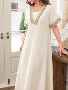 Al Najma V領刺繡蕾絲2合1寬鬆顯瘦喇叭裙優雅杏色女裝，適合派對、約會之夜、特殊場合與晚宴活動 - 杏色 - 查看 7