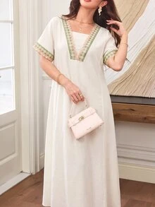 Al Najma V領刺繡蕾絲2合1寬鬆顯瘦喇叭裙優雅杏色女裝，適合派對、約會之夜、特殊場合與晚宴活動 - 杏色 - 查看 5