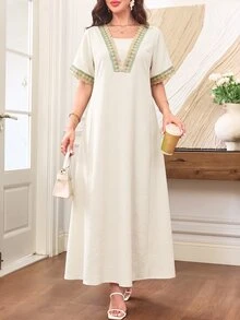 Al Najma V領刺繡蕾絲2合1寬鬆顯瘦喇叭裙優雅杏色女裝，適合派對、約會之夜、特殊場合與晚宴活動 - 杏色 - 查看 4