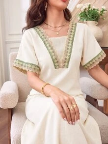 Al Najma V領刺繡蕾絲2合1寬鬆顯瘦喇叭裙優雅杏色女裝，適合派對、約會之夜、特殊場合與晚宴活動 - 杏色 - 查看 1