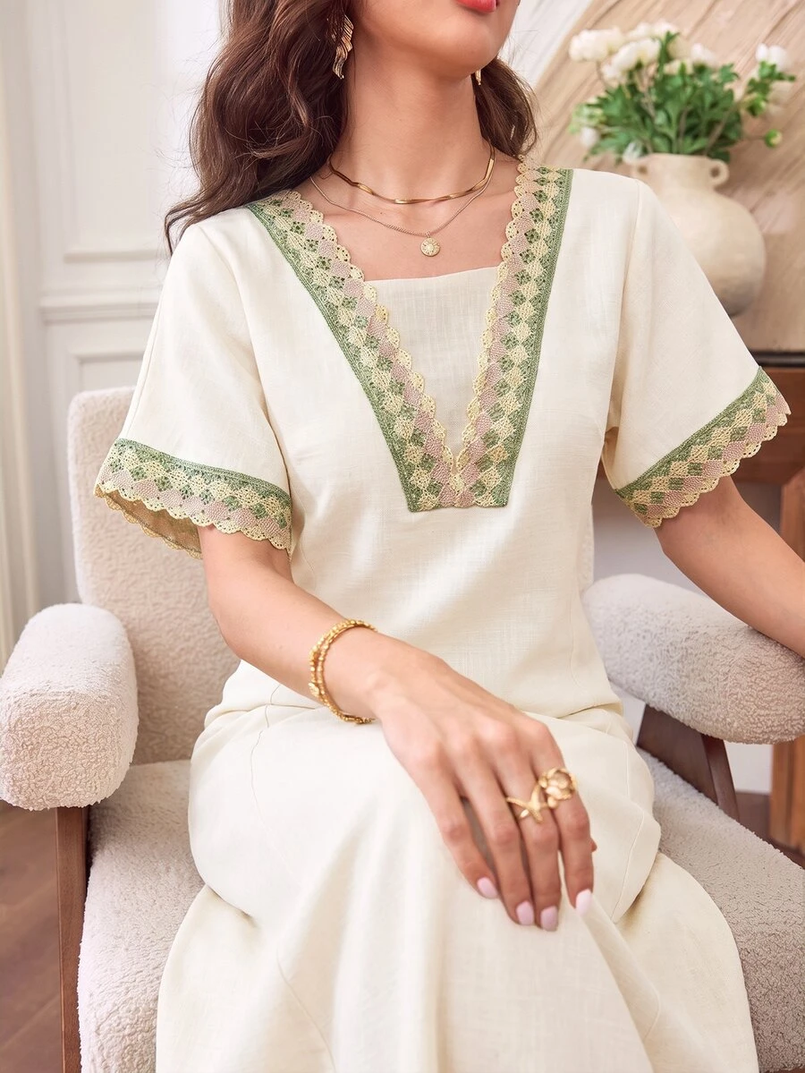 Al Najma V領刺繡蕾絲2合1寬鬆顯瘦喇叭裙優雅杏色女裝，適合派對、約會之夜、特殊場合與晚宴活動 - 杏色 - 查看 1