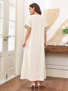 Al Najma V領刺繡蕾絲2合1寬鬆顯瘦喇叭裙優雅杏色女裝，適合派對、約會之夜、特殊場合與晚宴活動 - 杏色 - 查看 6
