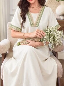 Al Najma V領刺繡蕾絲2合1寬鬆顯瘦喇叭裙優雅杏色女裝，適合派對、約會之夜、特殊場合與晚宴活動 - 杏色 - 查看 3