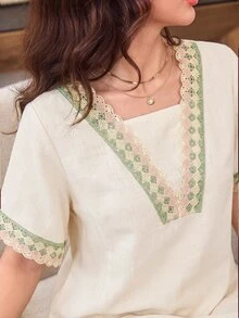 Al Najma V領刺繡蕾絲2合1寬鬆顯瘦喇叭裙優雅杏色女裝，適合派對、約會之夜、特殊場合與晚宴活動 - 杏色 - 查看 2