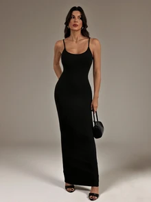 SHEIN Tall 女款純色休閒極簡風派對細肩帶洋裝 - 黑色 - 查看 4