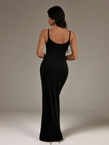 SHEIN Tall 女款純色休閒極簡風派對細肩帶洋裝 - 黑色 - 查看 2
