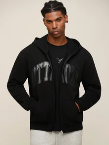 OTTIMOZO Sweatshirt Olahraga Pria Lengan Panjang Berkerudung dengan Resleting dan Cetakan Huruf, untuk Gym - Hitam - View 5