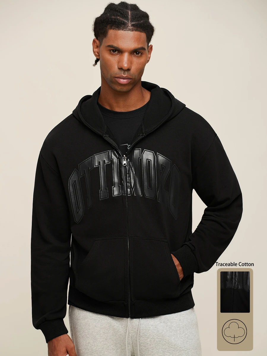 OTTIMOZO Sweatshirt Olahraga Pria Lengan Panjang Berkerudung dengan Resleting dan Cetakan Huruf, untuk Gym - Hitam - View 1