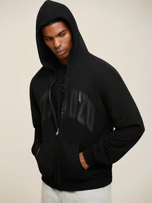 OTTIMOZO Sweatshirt Olahraga Pria Lengan Panjang Berkerudung dengan Resleting dan Cetakan Huruf, untuk Gym - Hitam - View 4