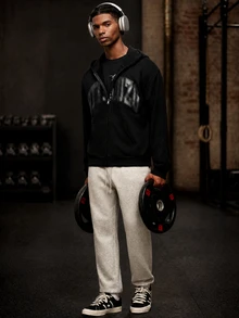 OTTIMOZO Sweatshirt Olahraga Pria Lengan Panjang Berkerudung dengan Resleting dan Cetakan Huruf, untuk Gym - Hitam - View 6