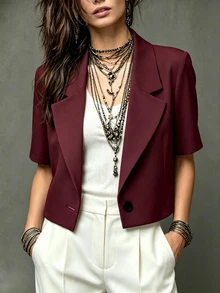 Franclia Elegant Short Sleeve Blazer Jacket, Suitable For Daily Commute - Burgundy - View 1