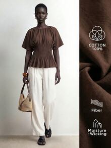 SHEIN Stylify 女款法式優雅極簡休閒溫柔巧克力棕色純棉春夏新款腰部打褶設計修身襯衫，適合20-35+女性辦公與度假穿著 - 巧克力棕 - 查看 3
